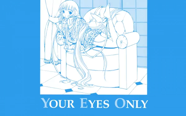 Anime Chobits 4K Ultra HD PC desktop wallpaper: monochrome blue line art of Chii reclining on a couch with long hair and a plush, caption YOUR EYES ONLY.