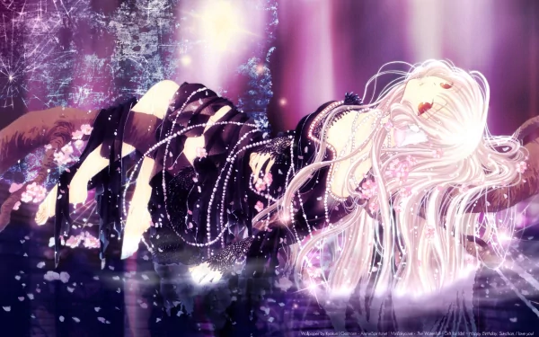 HD anime desktop wallpaper featuring a serene character from Chobits with long flowing hair, resting amidst soft glowing and sparkling purple hues.