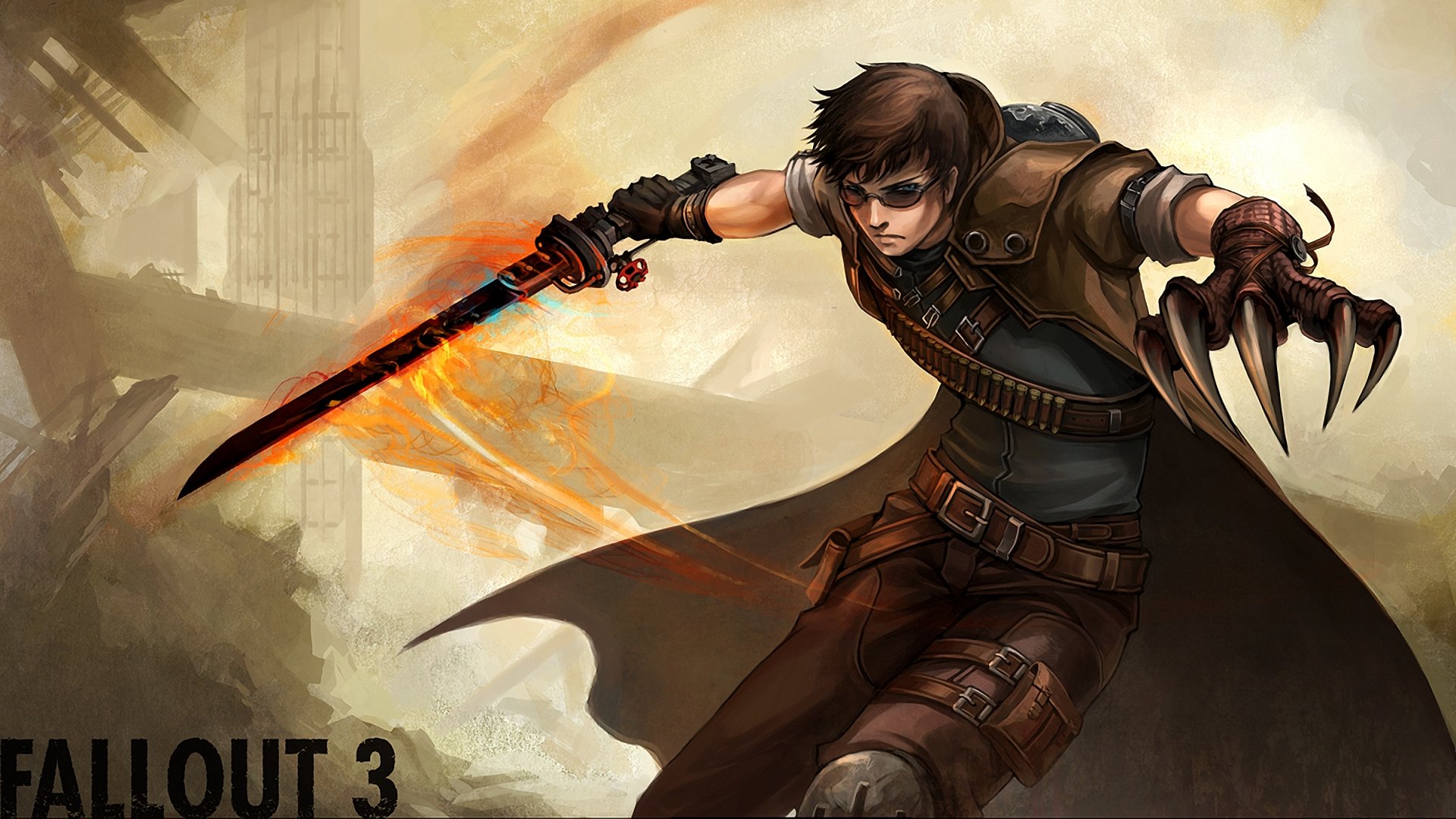HD PC desktop wallpaper featuring a dynamic Fallout character wielding a fiery sword and clawed glove against a post-apocalyptic backdrop.