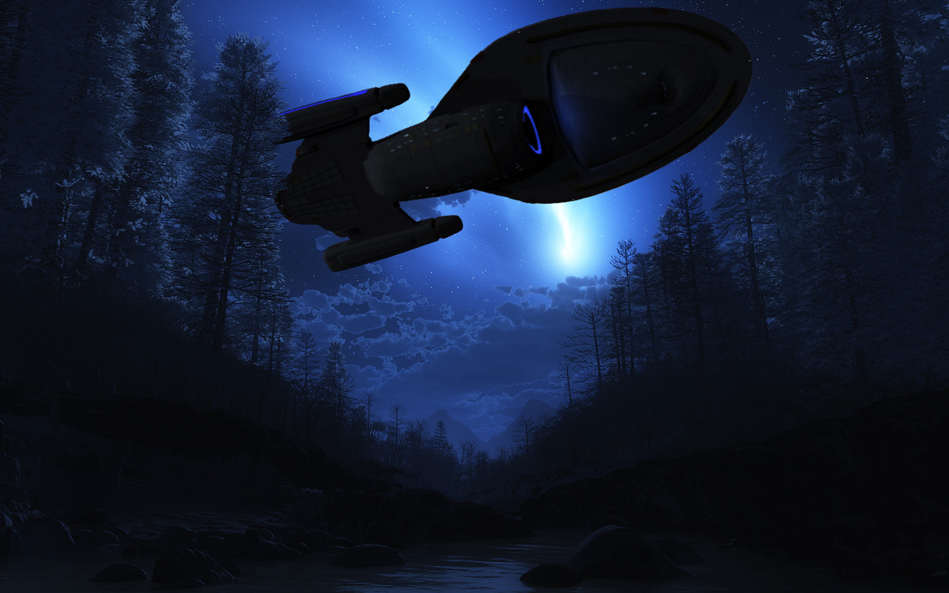 HD PC desktop wallpaper: Star Trek Voyager craft soars above a moonlit forest river, blending space and sci‑fi atmosphere.