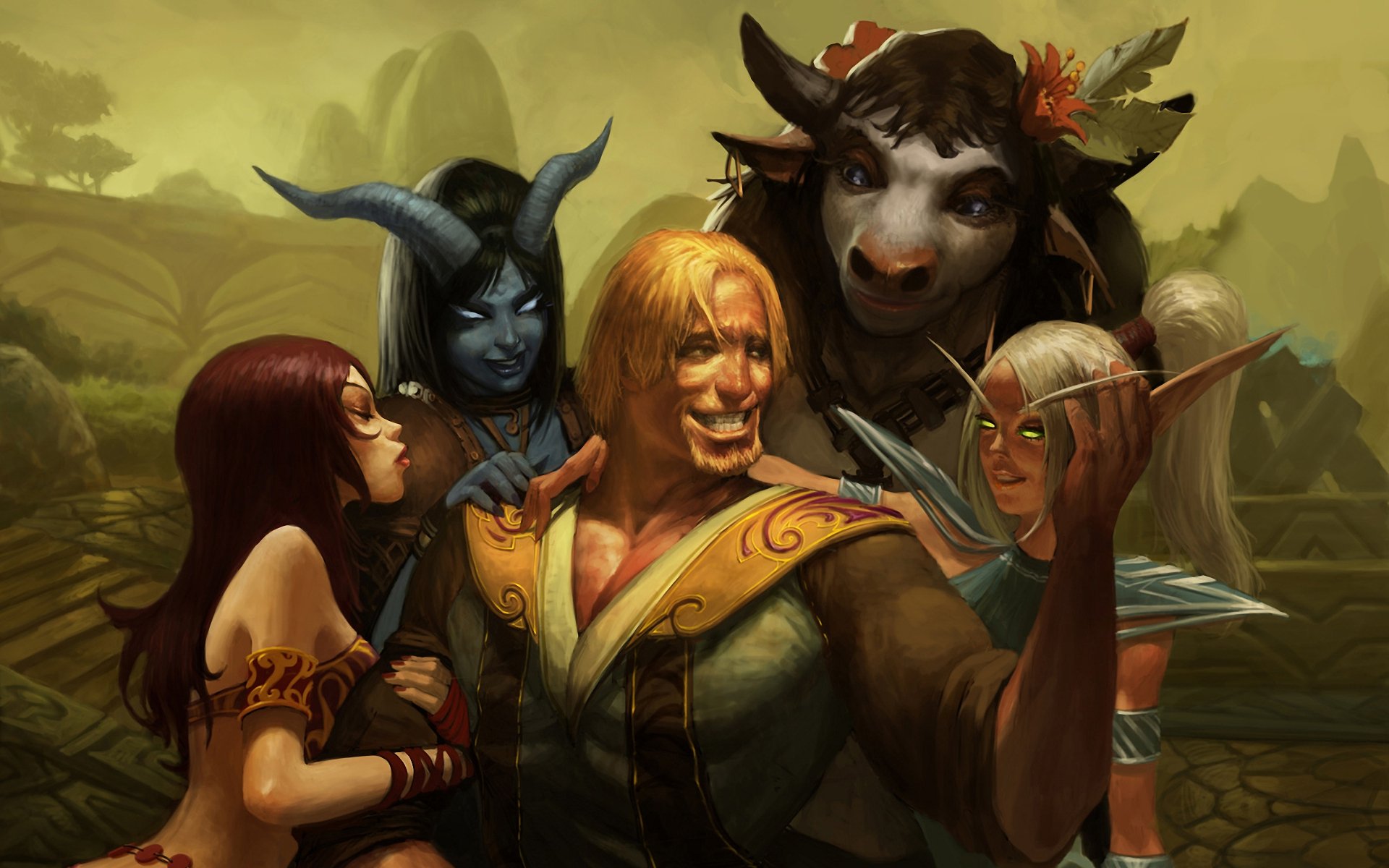 HD PC desktop wallpaper featuring a group of World of Warcraft characters, including a human, night elf, tauren, and other fantasy races in a vibrant outdoor setting.