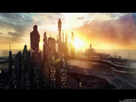 HD desktop wallpaper featuring a futuristic city skyline at sunset, inspired by the TV show Stargate SG-1, showcasing dramatic lighting and architectural details.
