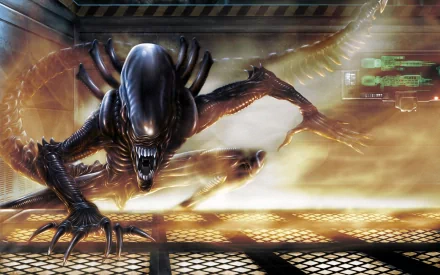 HD desktop wallpaper featuring a menacing Xenomorph from the movie Alien, captured in a dynamic, action-packed scene with intense lighting in a metallic environment.