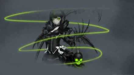 Dark and mysterious, this HD wallpaper features Dead Master from Black Rock Shooter, showcasing a skull and eerie green highlights amidst a shadowy backdrop.