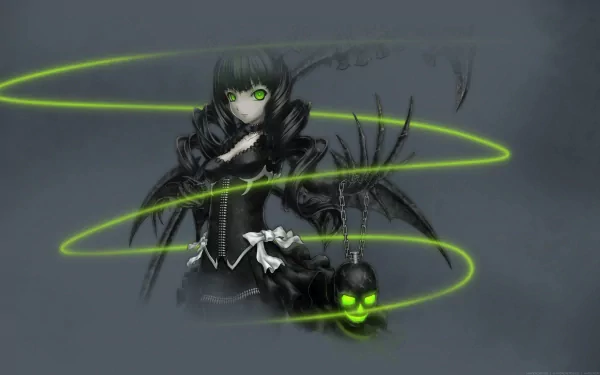 Dark and mysterious, this HD wallpaper features Dead Master from Black Rock Shooter, showcasing a skull and eerie green highlights amidst a shadowy backdrop.