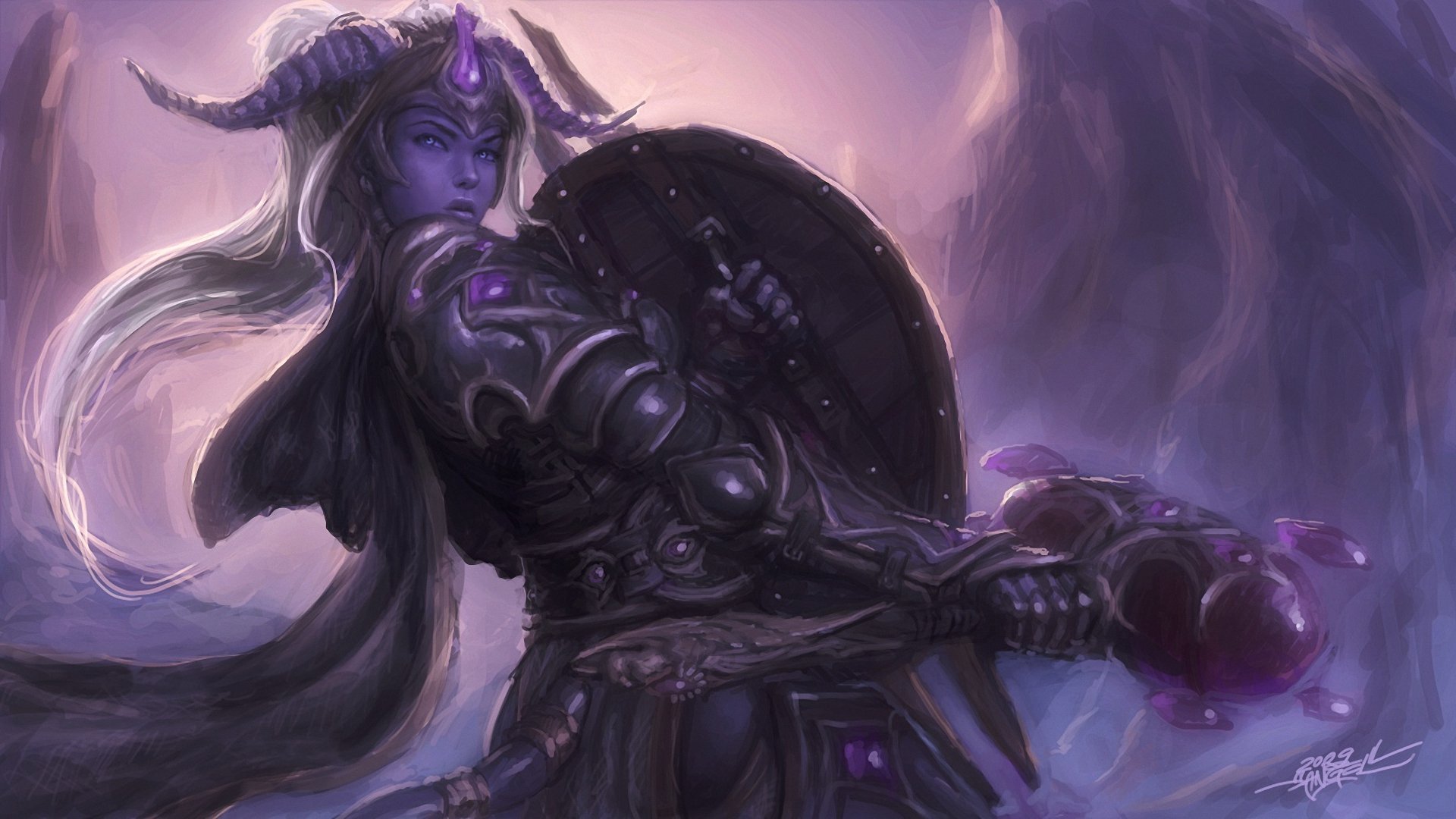 A striking HD desktop wallpaper featuring a fierce character from World of Warcraft, ready for battle with a shield and dark armor against a mystical backdrop.
