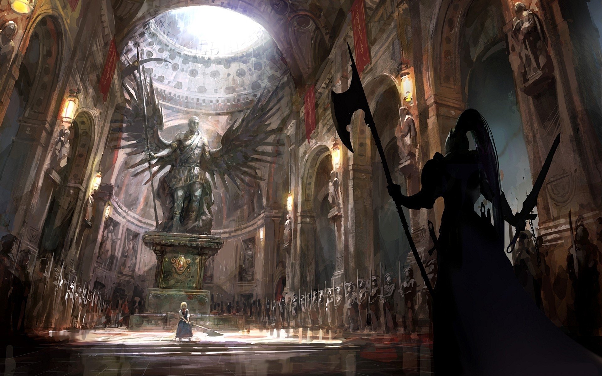 A dramatic HD wallpaper featuring a grand hall from the Fate/Stay Night anime, showcasing a towering statue and a dark figure with an axe against a backdrop of stone and light.