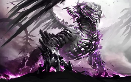 A powerful, skeletal dragon surrounded by purple lightning, set against a dramatic background, representing a scene from the video game Guild Wars 2, crafted as a vivid HD desktop wallpaper.