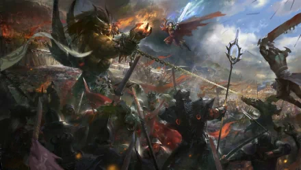 An epic fantasy battle scene features fierce warriors clashing amidst flames and chaos, showcasing vibrant characters and dramatic skies in stunning HD detail.