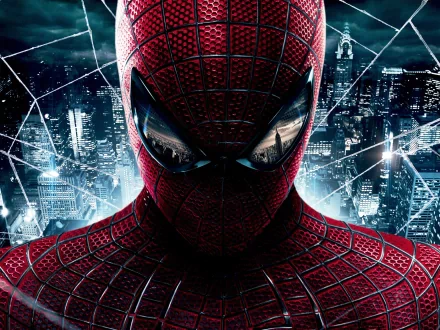 HD wallpaper of Spider-Man from The Amazing Spider-Man movie, featuring a close-up of the superhero against a backdrop of a cityscape with web designs.