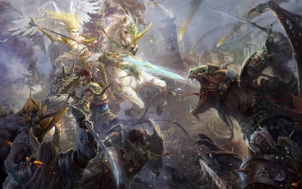 HD fantasy battle wallpaper featuring a knight on a white, winged horse, wielding a glowing sword, surrounded by fierce warriors in an intense, chaotic battlefield.