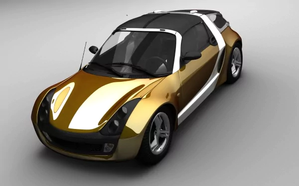 HD desktop wallpaper featuring a sleek, gold and black smart vehicle with a modern, compact design on a plain gray background.