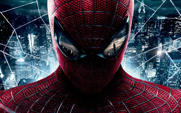 HD wallpaper of Spider-Man from The Amazing Spider-Man movie, featuring a close-up of the superhero against a backdrop of a cityscape with web designs.