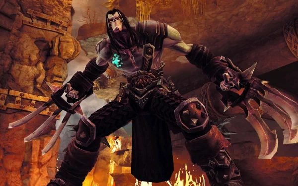 A menacing warrior from the video game Darksiders II stands in a dramatic, fiery environment, showcasing intricate armor and powerful weapons in this HD desktop wallpaper.