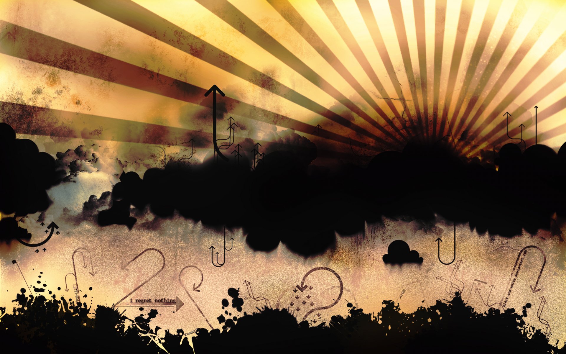 Artistic vector HD desktop wallpaper featuring dark silhouetted clouds and plants against a radiant sunburst background with warm, vintage tones.