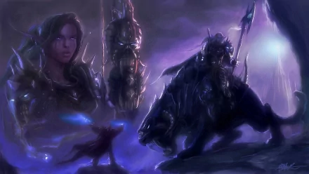 HD PC desktop wallpaper featuring dark, armored characters and a menacing beast from the video game World of Warcraft in a mystical, shadowy environment.