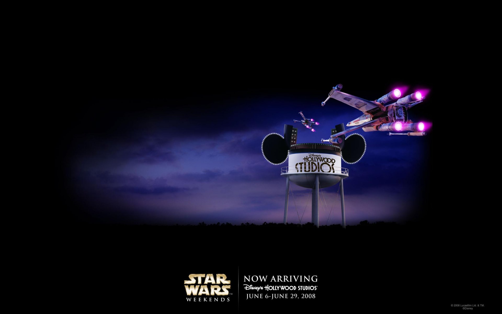HD PC desktop wallpaper featuring a Star Wars-themed scene with an X-wing starfighter flying near a water tower shaped like Mickey Mouse ears.