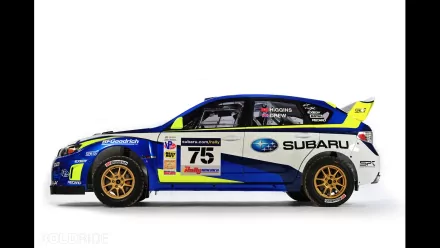 Side view of a blue and white Subaru rally vehicle with gold wheels, shown as an HD PC desktop wallpaper/background.