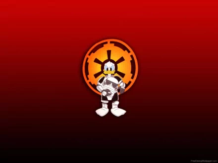 HD Disney movie-themed desktop wallpaper featuring Donald Duck dressed as a stormtrooper against a red background with the Empire insignia.