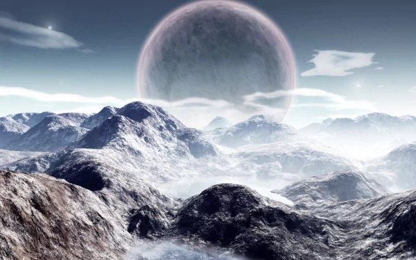HD Sci-Fi wallpaper featuring a futuristic landscape with rugged mountains and a large planet rising in the sky.