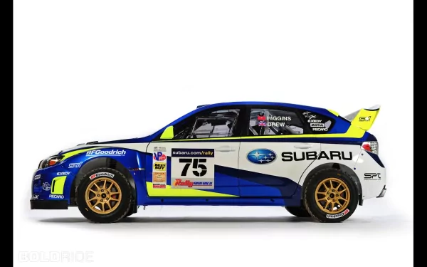 Side view of a blue and white Subaru rally vehicle with gold wheels, shown as an HD PC desktop wallpaper/background.