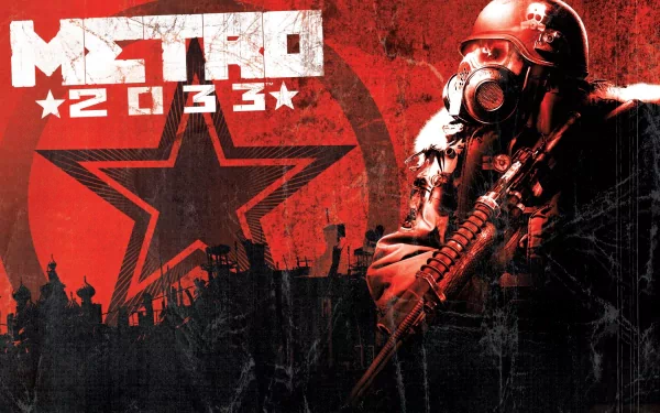 A striking HD wallpaper featuring imagery from the video game Metro 2033, showcasing a masked figure with a weapon against a bold red star backdrop.