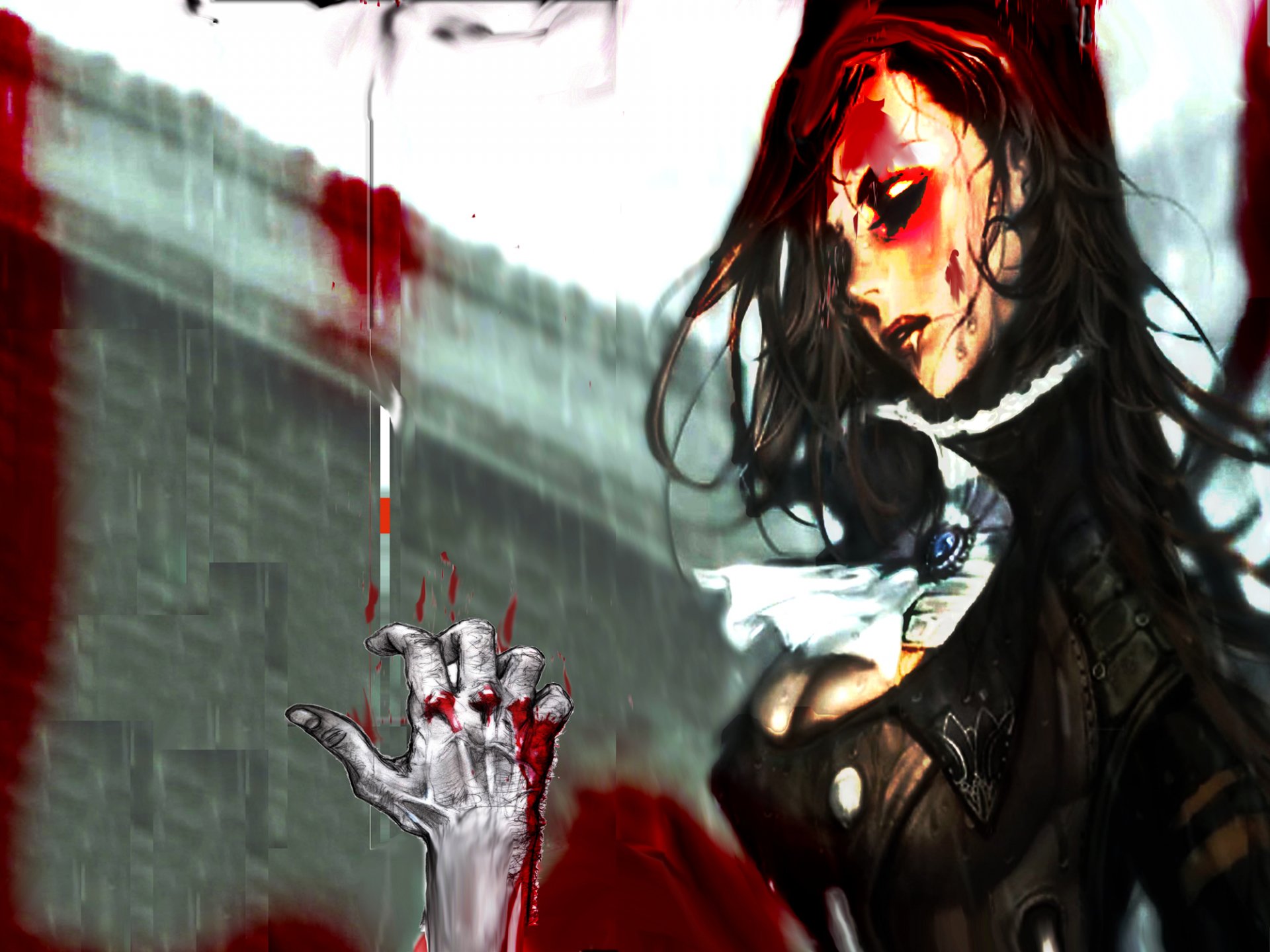Dark-themed HD PC desktop wallpaper featuring a mysterious woman with intense expression, blood accents, and dramatic lighting.