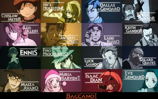 Anime-style HD PC desktop wallpaper featuring characters from Baccano!, each with their names displayed in colorful panels.