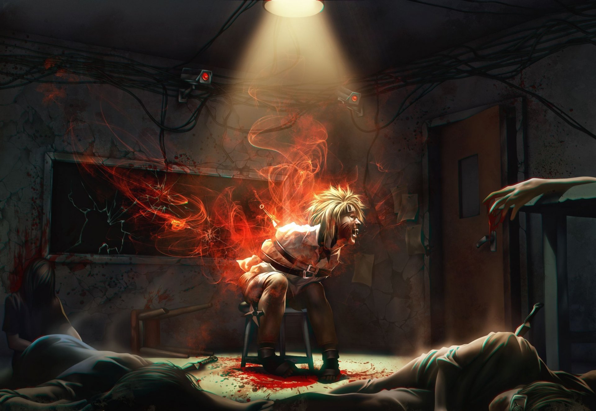 HD wallpaper featuring Naruto Uzumaki from the anime Naruto, depicted bound to a chair with a fiery aura in a dimly lit, cluttered room.