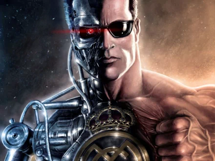 A striking HD wallpaper from the movie The Terminator, featuring a half-human, half-cybernetic figure, showcasing elements of sci-fi and action.