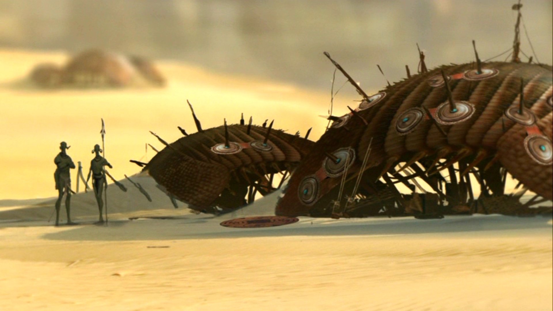 HD PC desktop wallpaper background from the movie John Carter: two figures stand beside a colossal sandworm-like creature on a sunlit desert plain.