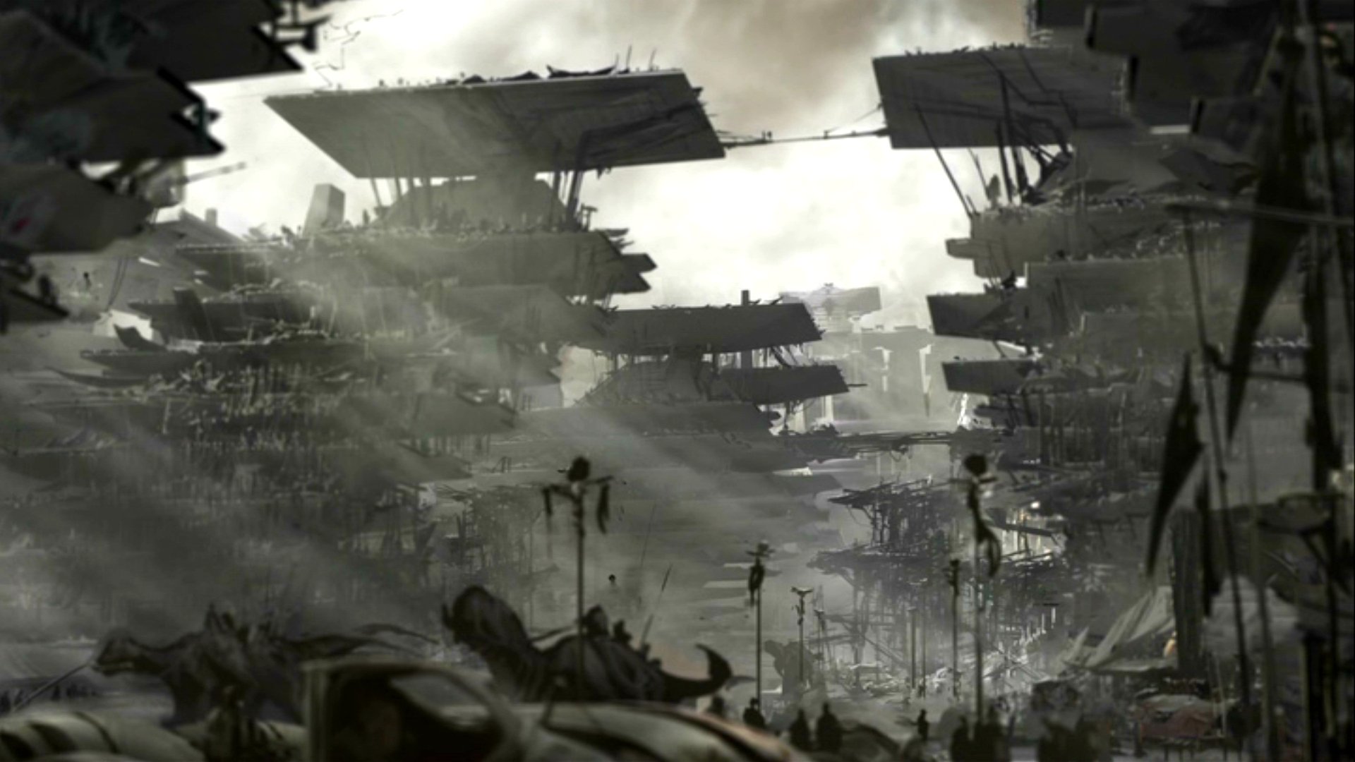 John Carter movie HD PC wallpaper: moody grayscale scene of layered floating platforms over misty ruins, tiny silhouetted figures and shafts of light cutting through the haze.