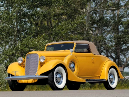 A vibrant yellow 1935 Lincoln Model K Convertible Roadster showcased outdoors, captured in high definition for a PC desktop wallpaper.