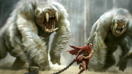 HD PC desktop wallpaper featuring a scene from the movie John Carter with the hero chained and running from two large, fierce beast creatures.