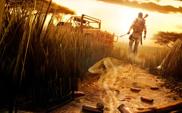 HD PC desktop wallpaper featuring a scene from the video game Far Cry 2, showing a lone armed figure walking down a dirt path at sunset through tall grass.