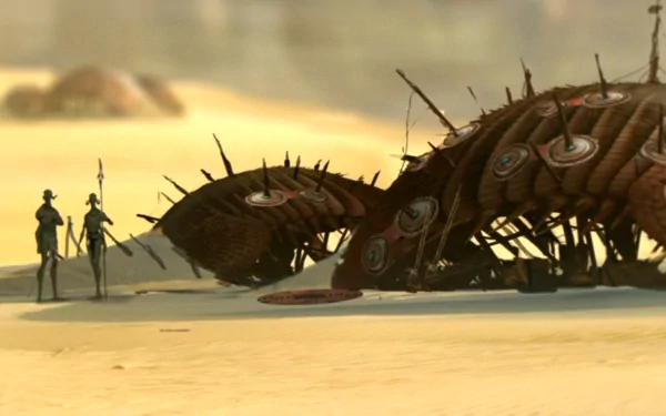 HD PC desktop wallpaper background from the movie John Carter: two figures stand beside a colossal sandworm-like creature on a sunlit desert plain.