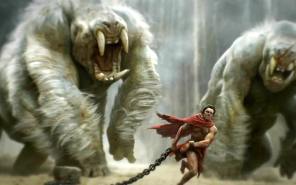 HD PC desktop wallpaper featuring a scene from the movie John Carter with the hero chained and running from two large, fierce beast creatures.