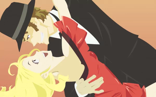 HD anime desktop wallpaper featuring characters from Baccano! in a dramatic dance pose against a warm, gradient background.