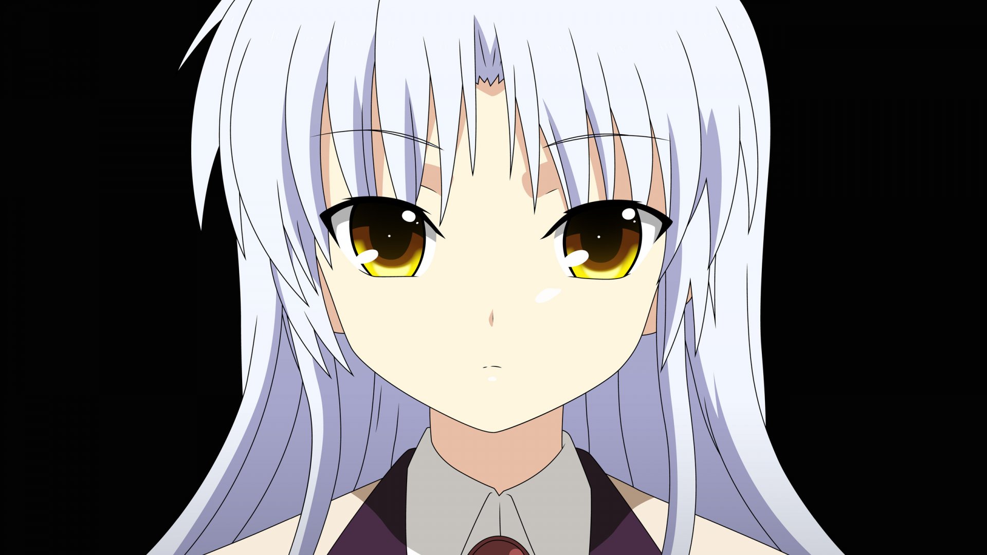 HD wallpaper featuring Kanade Tachibana from the anime Angel Beats!, showcasing her striking appearance with white hair and expressive golden eyes against a dark background.