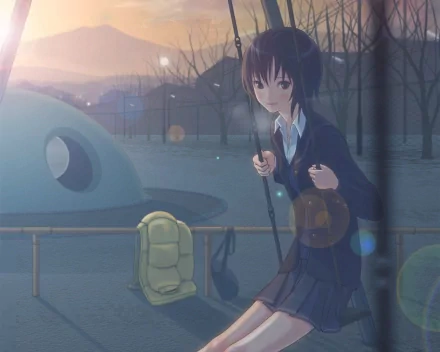 Anime Amagami HD PC desktop wallpaper: a schoolgirl in uniform sits on a swing at dusk in an empty playground, backpack on nearby equipment, her breath visible in the cold air.