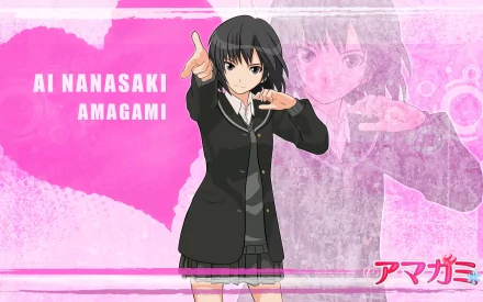 HD anime desktop wallpaper featuring Ai Nanasaki from Amagami, set against a vibrant pink background with her name displayed prominently.