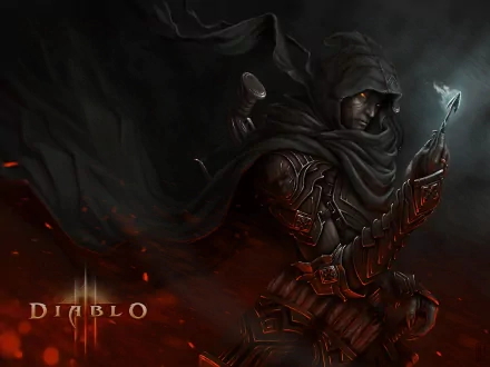 A dark, atmospheric wallpaper featuring the Demon Hunter from Diablo III, showcasing a hooded figure ready for battle against the forces of evil.