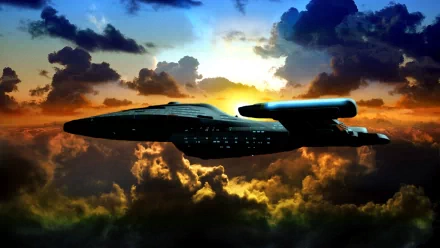 HD PC desktop wallpaper featuring the Voyager spacecraft flying near a planet at sunrise in a vibrant Sci-Fi Star Trek space scene.