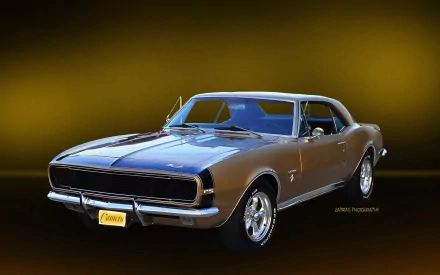 HD PC desktop wallpaper: glossy blue Chevrolet muscle vehicle on a warm golden gradient background.