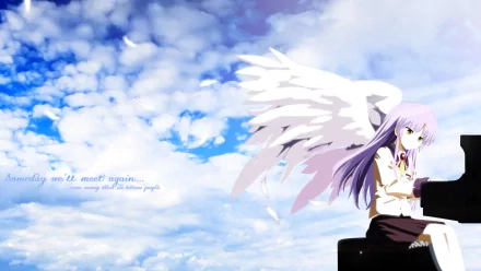 Kanade Tachibana from Angel Beats! plays a piano against a backdrop of clouds, featuring her angelic wings. This HD wallpaper captures a serene moment in anime artistry.