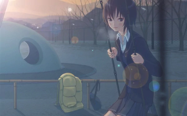 Anime Amagami HD PC desktop wallpaper: a schoolgirl in uniform sits on a swing at dusk in an empty playground, backpack on nearby equipment, her breath visible in the cold air.