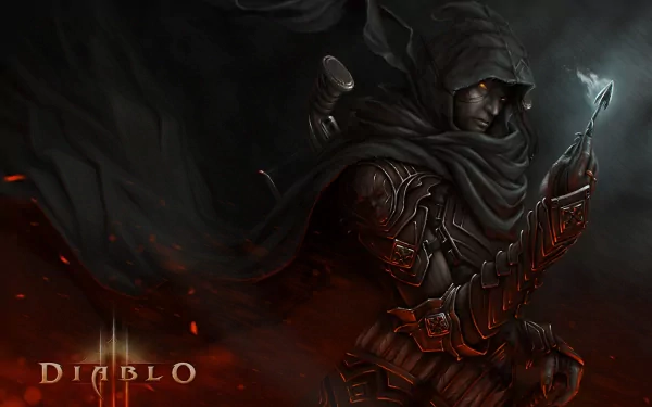 A dark, atmospheric wallpaper featuring the Demon Hunter from Diablo III, showcasing a hooded figure ready for battle against the forces of evil.