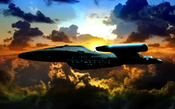 HD PC desktop wallpaper featuring the Voyager spacecraft flying near a planet at sunrise in a vibrant Sci-Fi Star Trek space scene.