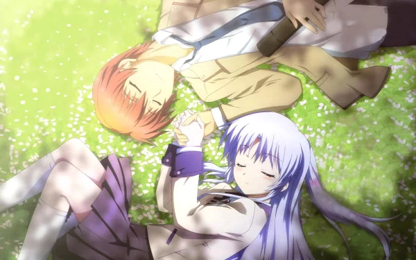 Anime characters Yuzuru Otonashi and Kanade Tachibana from Angel Beats! are peacefully lying on grass, holding hands, with sunlight filtering through leaves in this HD desktop wallpaper and background.