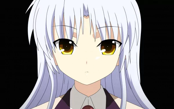 HD wallpaper featuring Kanade Tachibana from the anime Angel Beats!, showcasing her striking appearance with white hair and expressive golden eyes against a dark background.
